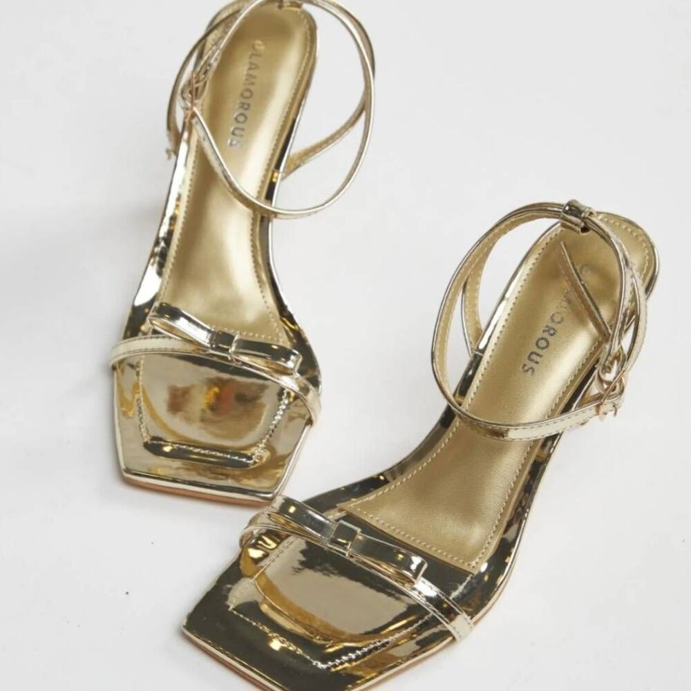 NWOT Glamorous Gold Strappy Barely There Bow Heels